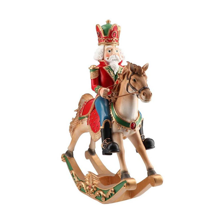 Klasszikus stílusú, nagyméretű, 34 cm hosszú és 45 cm magas, karácsonyi hintalovon ülő diótörő király.