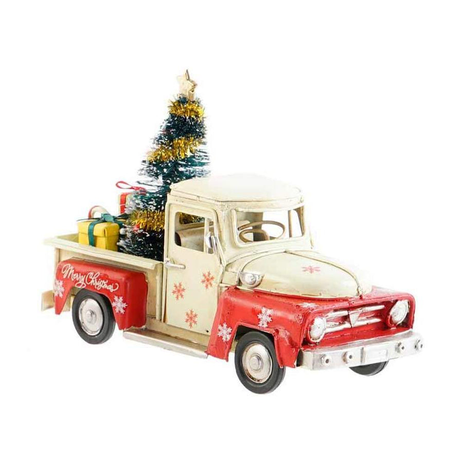 Kézzel készült, 16,5 cm hosszú, krém színű, "Merry Christmas" feliratú, fenyőfával és ajándékokkal díszített karácsonyi ünnepi automobil