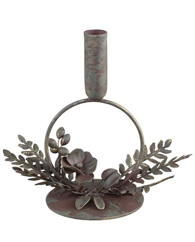 Vintage stílusú, antikolt felületű, fém virágokkal és levelekkel díszített antik réz színű karácsonyi gyertyatartó