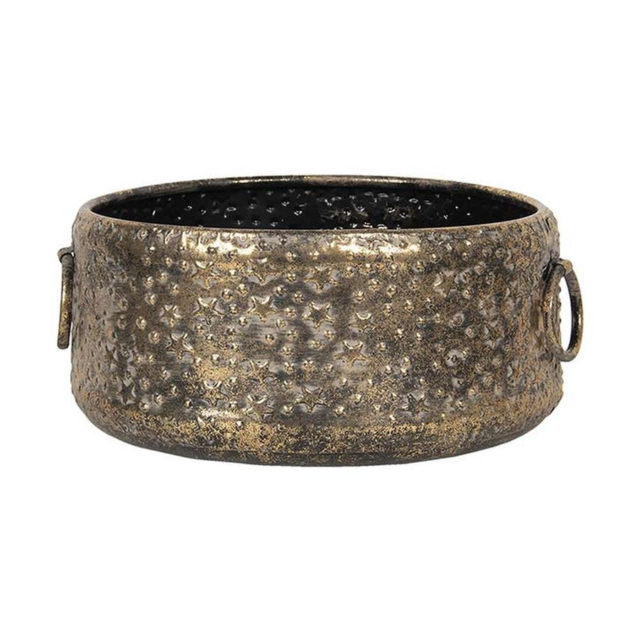 Apró, csillag formájú dombormintákkal díszített, antikolt felületű, óarany színű karácsonyi fém kaspó.