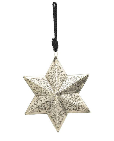 Gravírozott inda motívummal díszített, 20 cm magas, karácsonyi fém ezüst csillag