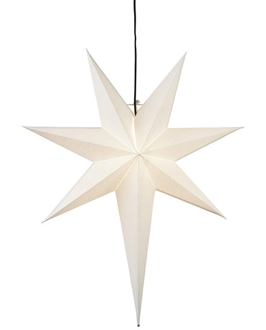 Modern, skandináv stílusú, 65 cm magas, fehérszínű papírból készült, csillag formájú karácsonyi dekorációs függeszték lámpa.