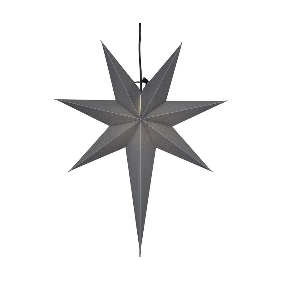 Modern, skandináv stílusú, 65 cm magas, szürkeszínű papírból készült, csillag formájú karácsonyi dekor függeszték lámpa.