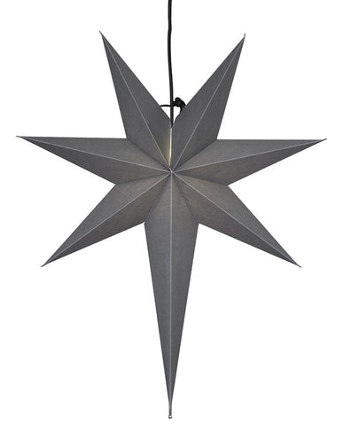 Modern, skandináv stílusú, 65 cm magas, szürkeszínű papírból készült, csillag formájú karácsonyi dekor függeszték lámpa.