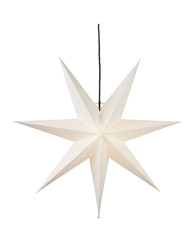 Modern, skandináv stílusú, óriás méretű, 70 cm átmérőjű, fehérszínű papírból készült, csillag formájú karácsonyi dekorációs függeszték lámpa.