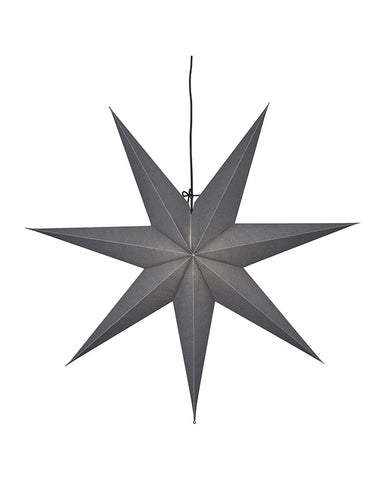 Modern, skandináv stílusú, 70 cm átmérőjű, szürkeszínű papírból készült, csillag formájú karácsonyi dekor függeszték lámpa.