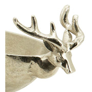 Prémium minőségű, 54 cm hosszú, ovális formájú, szarvasfejekkel díszített, ezüst színű karácsonyi talpas fémtál