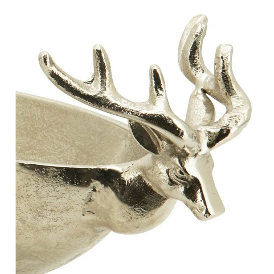 Prémium minőségű, 54 cm hosszú, ovális formájú, szarvasfejekkel díszített, ezüst színű karácsonyi talpas fémtál
