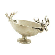 Prémium minőségű, 54 cm hosszú, ovális formájú, szarvasfejekkel díszített, ezüst színű karácsonyi talpas fémtál