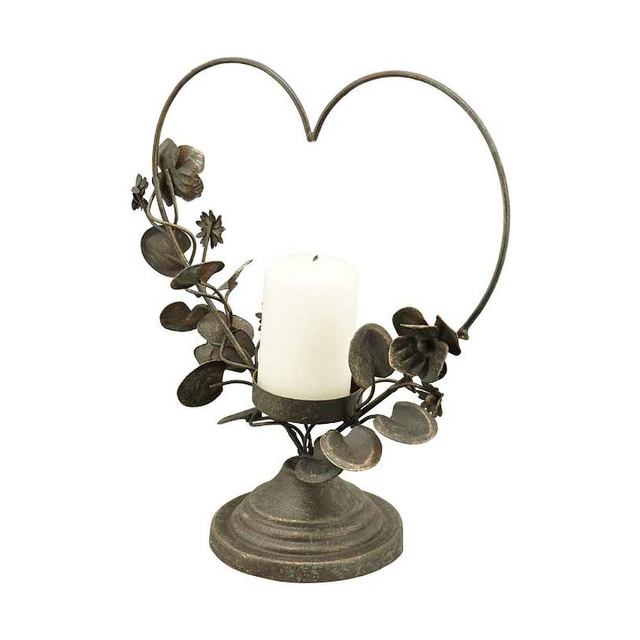 Vintage stílusú, antikolt felületű, fém virágokkal és levelekkel díszített antik arany színű szív formájú karácsonyi gyertyatartó
