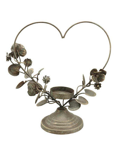 Vintage stílusú, antikolt felületű, fém virágokkal és levelekkel díszített antik arany színű szív formájú karácsonyi gyertyatartó