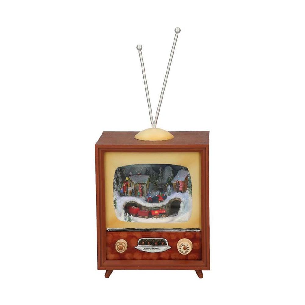 Prémium kategóriás, LED világítással felszerelt, viktoriánus kort idéző, békebeli, kisméretű zenélő TV, működő kisvasúttal