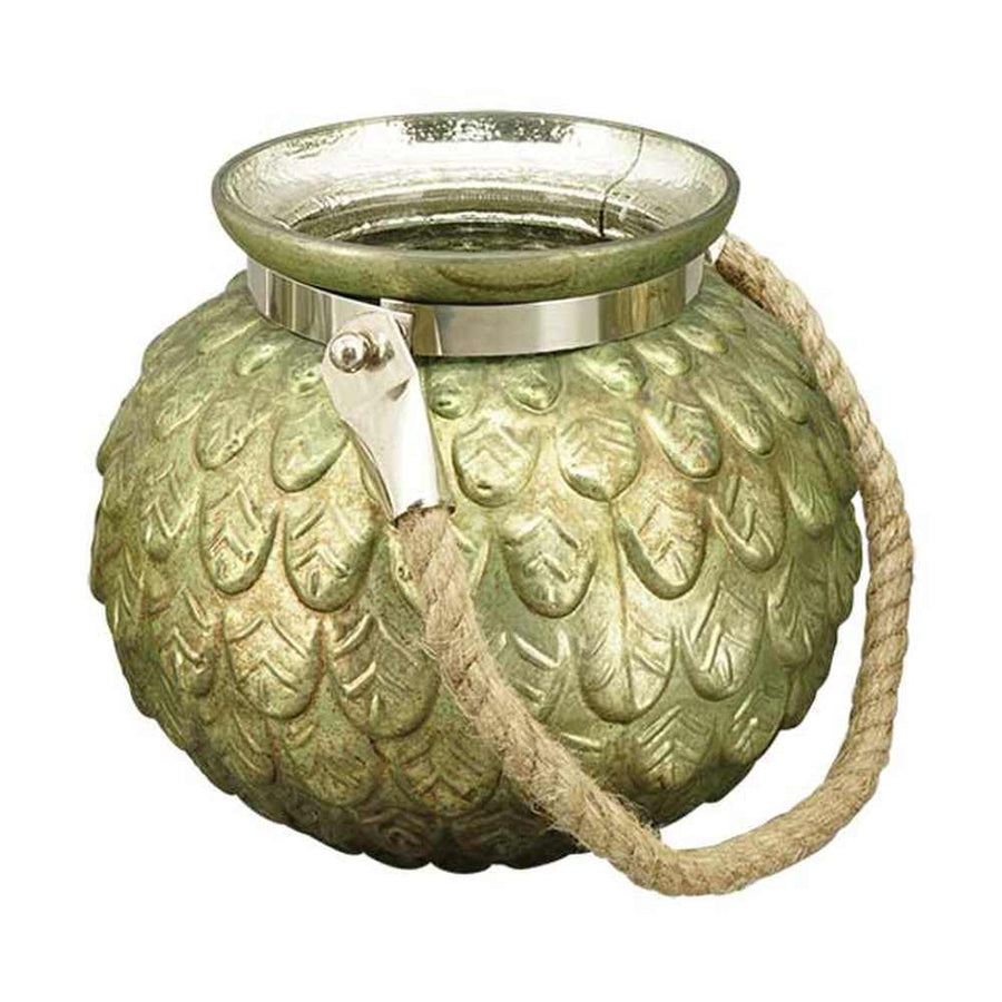 Zöldes antikolt arany színű, dombormintás felületű, nagyméretű, 20 cm átmérőjű kézműves karácsonyi üveg mécsestartó