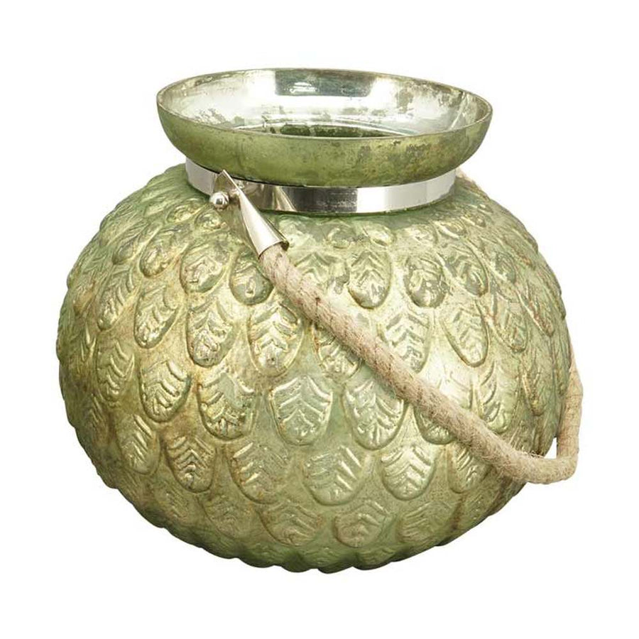 Zöldes antikolt arany színű, dombormintás felületű, óriás méretű, 28 cm átmérőjű kézműves karácsonyi üveg mécsestartó