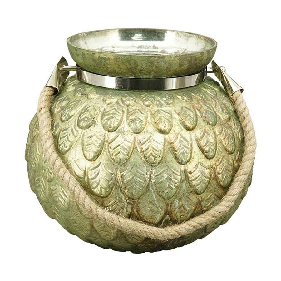 Zöldes antikolt arany színű, dombormintás felületű, óriás méretű, 28 cm átmérőjű kézműves karácsonyi üveg mécsestartó