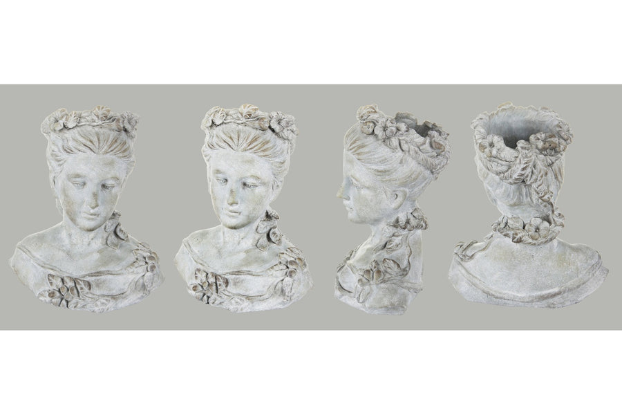 Női mellszobor formájú,, antikolt felületű cementből készült kaspó büszt.