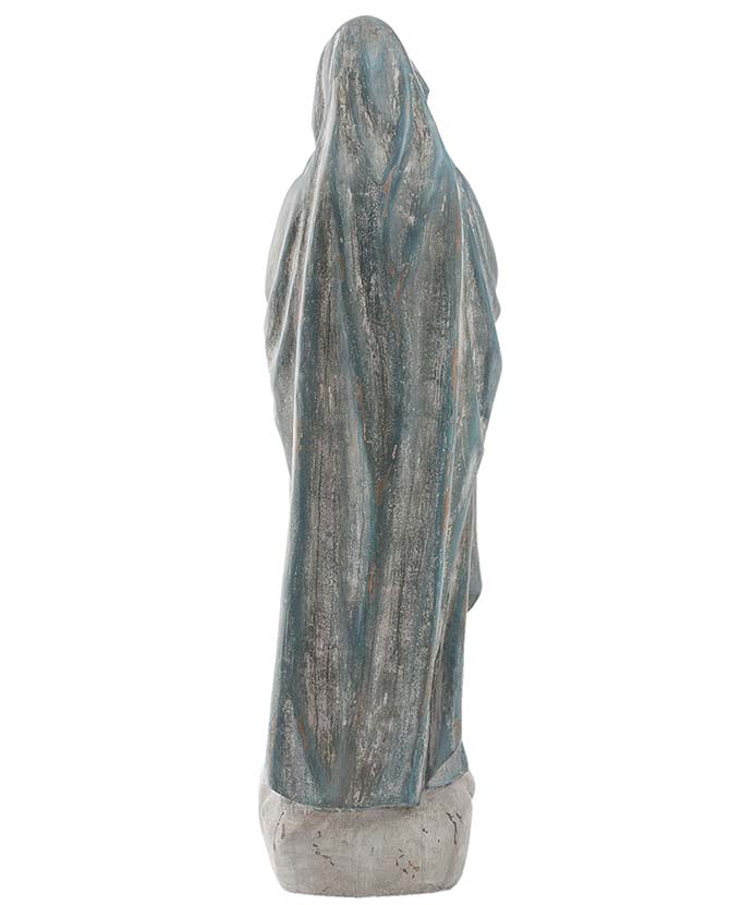 Vintage stílusú, antikolt felületű, 78 cm magas, kék köpenyes Madonna szobor.