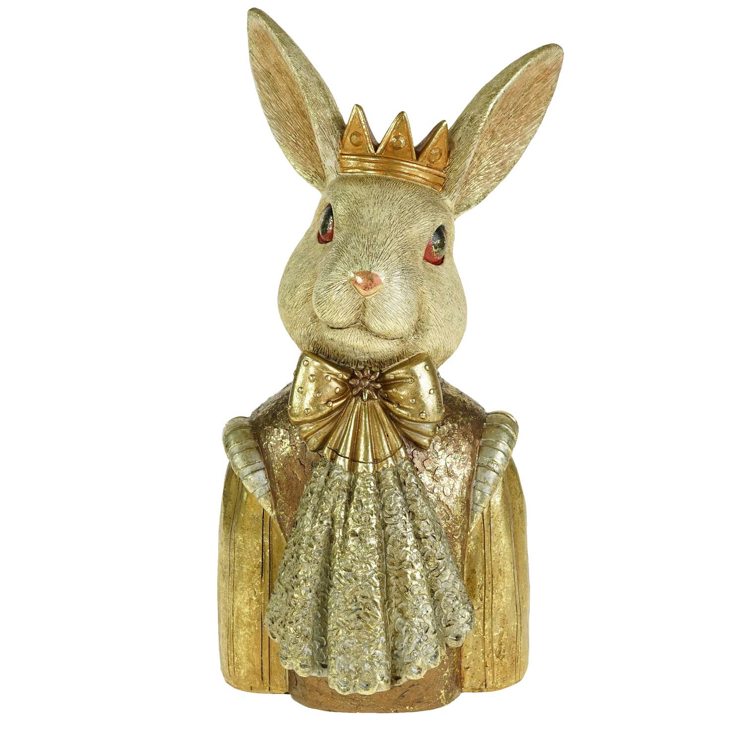 Arany színű, masnis csipke zsabóval díszített, koronát viselő nyuszi mellszobor.