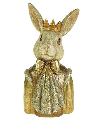 Arany színű, masnis csipke zsabóval díszített, koronát viselő nyuszi mellszobor.