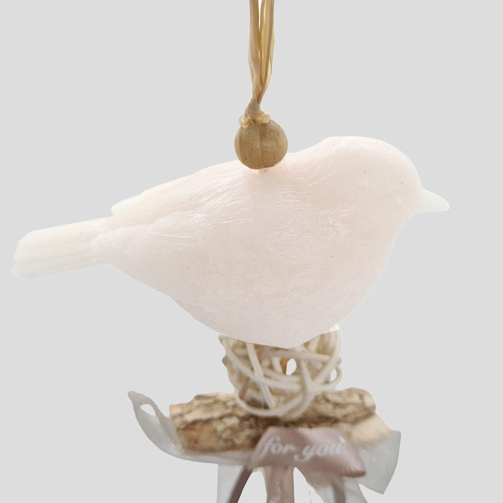 Vintage stílusú, kókusz illatú kézműves illatfüzér, madár formájú krémviasz figurával.