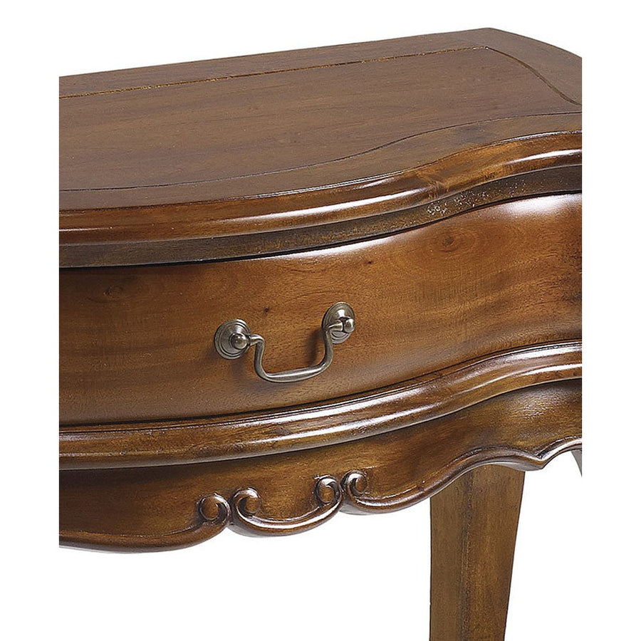 Tömör mahagónifából készült klasszikus koloniál stílusú kézműves konzolasztal bronz színű fogantyúja 