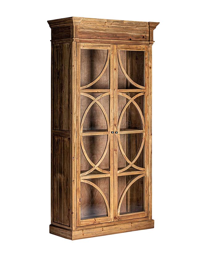 Prémium kategóriás, gyarmati stílusú, újrahaszosított fenyőfából készült, 120 cm hosszú és 230 cm magas rusztikus vitrines szekrény