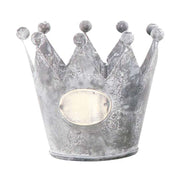 Vidéki vintage stílusú, antikolt felületű, 10 cm átmérőjű korona formájú bádog kaspó.