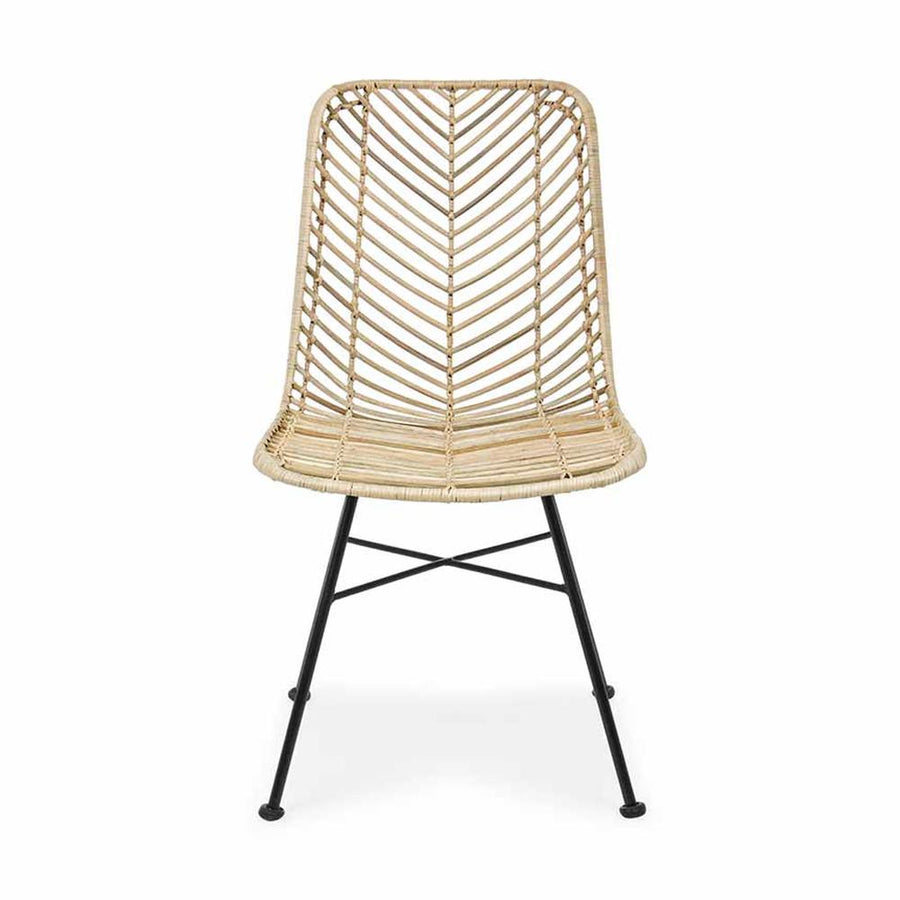 Skandináv kortárs stílusú, natúr színű, valódi rattanból és fémből készült formatervezett étkezőszék.