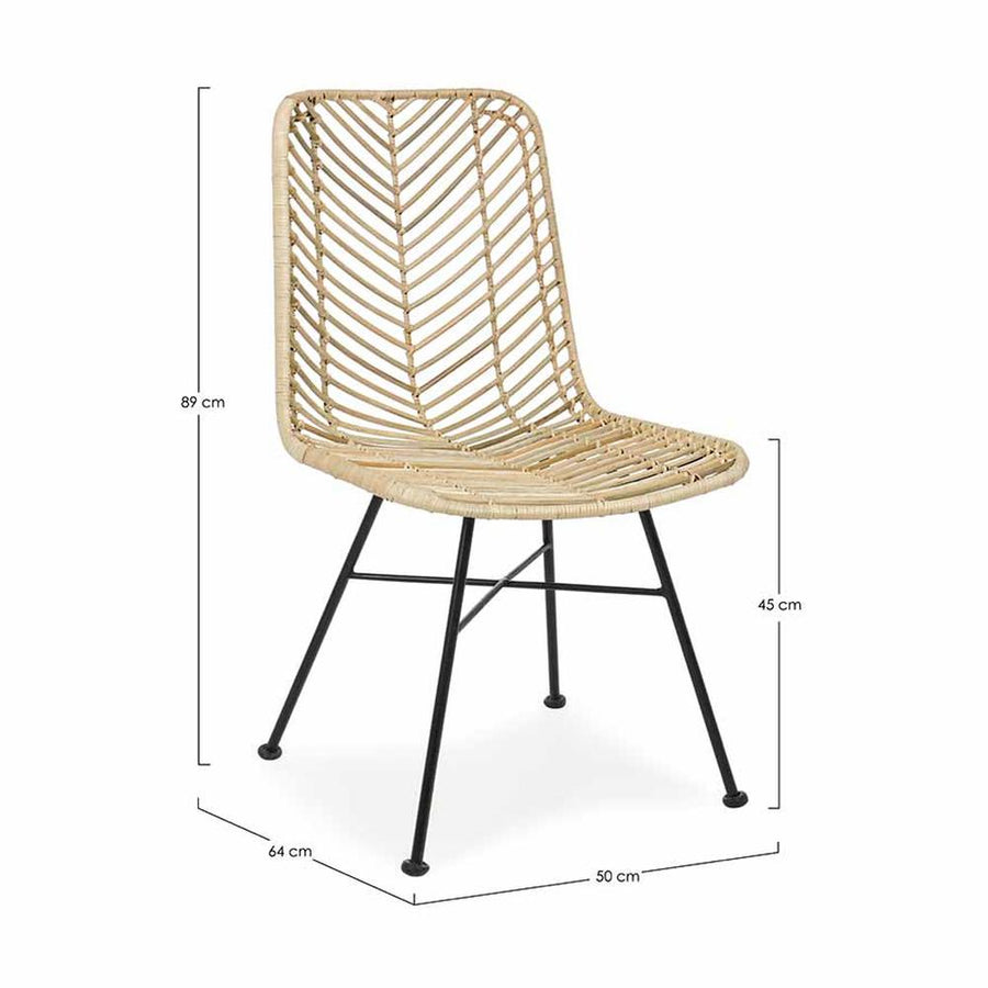 Skandináv kortárs stílusú, natúr színű, valódi rattanból és fémből készült formatervezett étkezőszék.