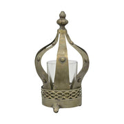 Vintage stílusú, antikolt réz színű, 23 cm magas, üvegbúrás kronás fém mécsestartó