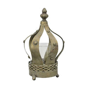 Vintage stílusú, antikolt réz színű, 23 cm magas, üvegbúrás kronás fém mécsestartó