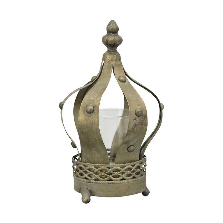 Vintage stílusú, antikolt réz színű, 23 cm magas, üvegbúrás kronás fém mécsestartó