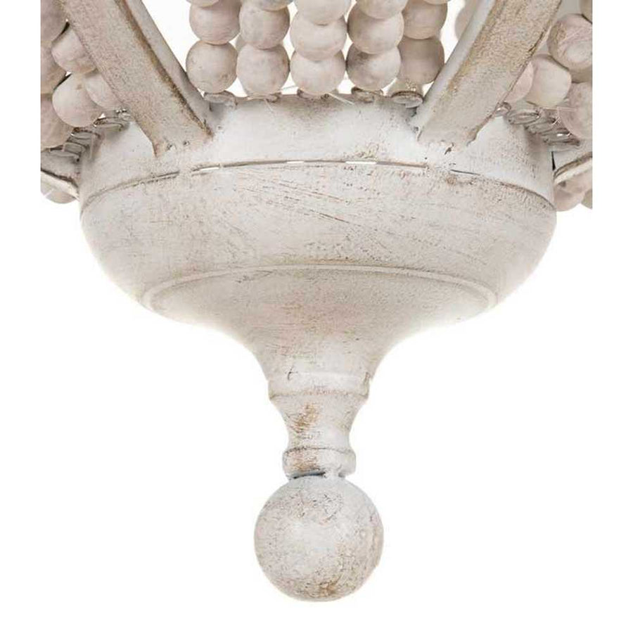 Kortárs mediterrán stílusú, patinás krém színű fémből és fehér színű tölgyfa gyöngysorból készült függeszték lámpa