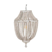 Kortárs mediterrán stílusú, patinás krém színű fémből és fehér színű tölgyfa gyöngysorból készült függeszték lámpa