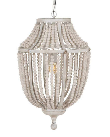 Kortárs mediterrán stílusú, patinás krém színű fémből és fehér színű tölgyfa gyöngysorból készült függeszték lámpa
