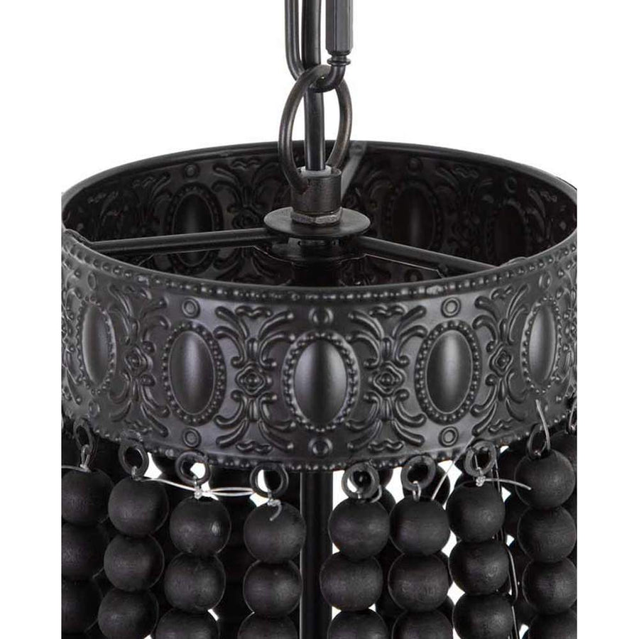 Kortárs mediterrán stílusú, matt fekete színű dombormintás fémből és fa gyöngysorból készült függeszték csillár
