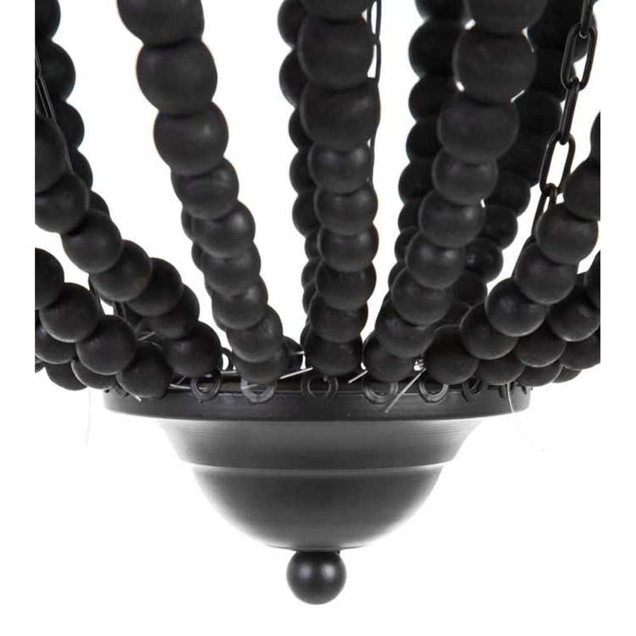 Kortárs mediterrán stílusú, matt fekete színű dombormintás fémből és fa gyöngysorból készült függeszték csillár