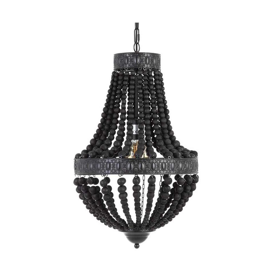Kortárs mediterrán stílusú, matt fekete színű dombormintás fémből és fa gyöngysorból készült függeszték csillár
