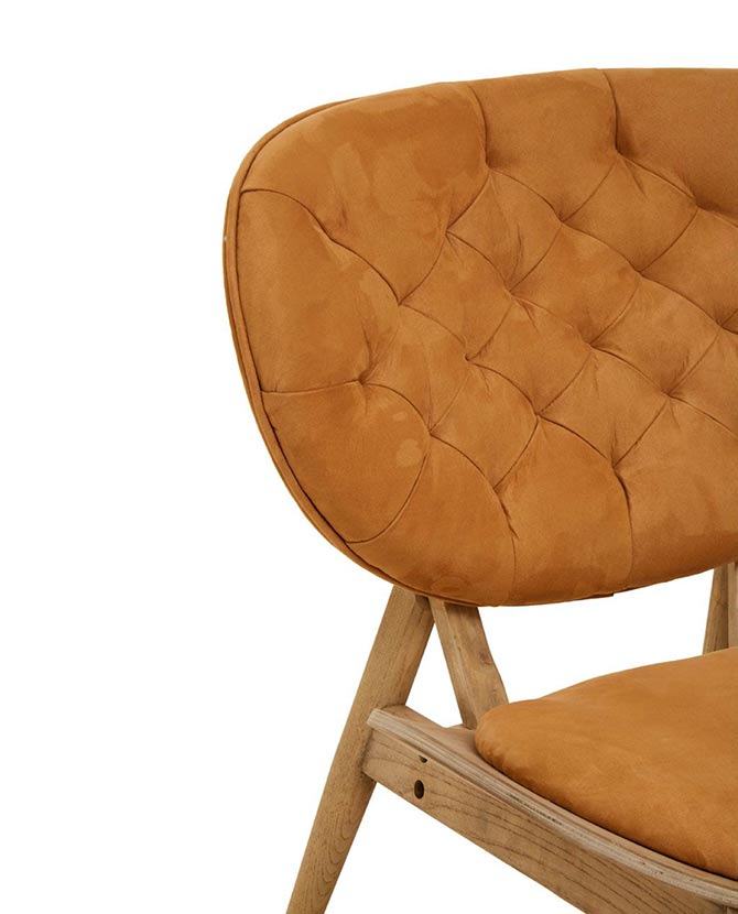 Prémium minőségű, kortárs stílusú, hajlított szilfából készült mustársárga színű bársonnyal kárpitozott dizájn szék