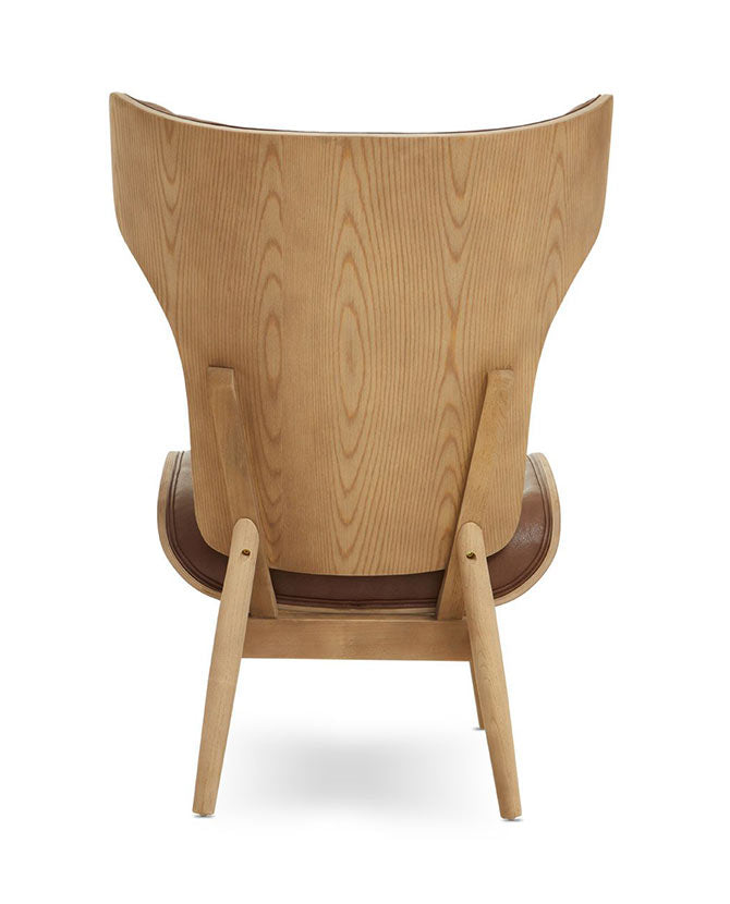 Prémium minőségű, kortárs stílusú, hajlított szilfából készült bőrhatású barna színű bársonnyal kárpitozott szárnyas relaxációs szék hátulnézeti képe