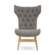 Prémium minőségű, kortárs stílusú, hajlított szilfából készült szürke színű bársonnyal kárpitozott szárnyas relaxációs szék