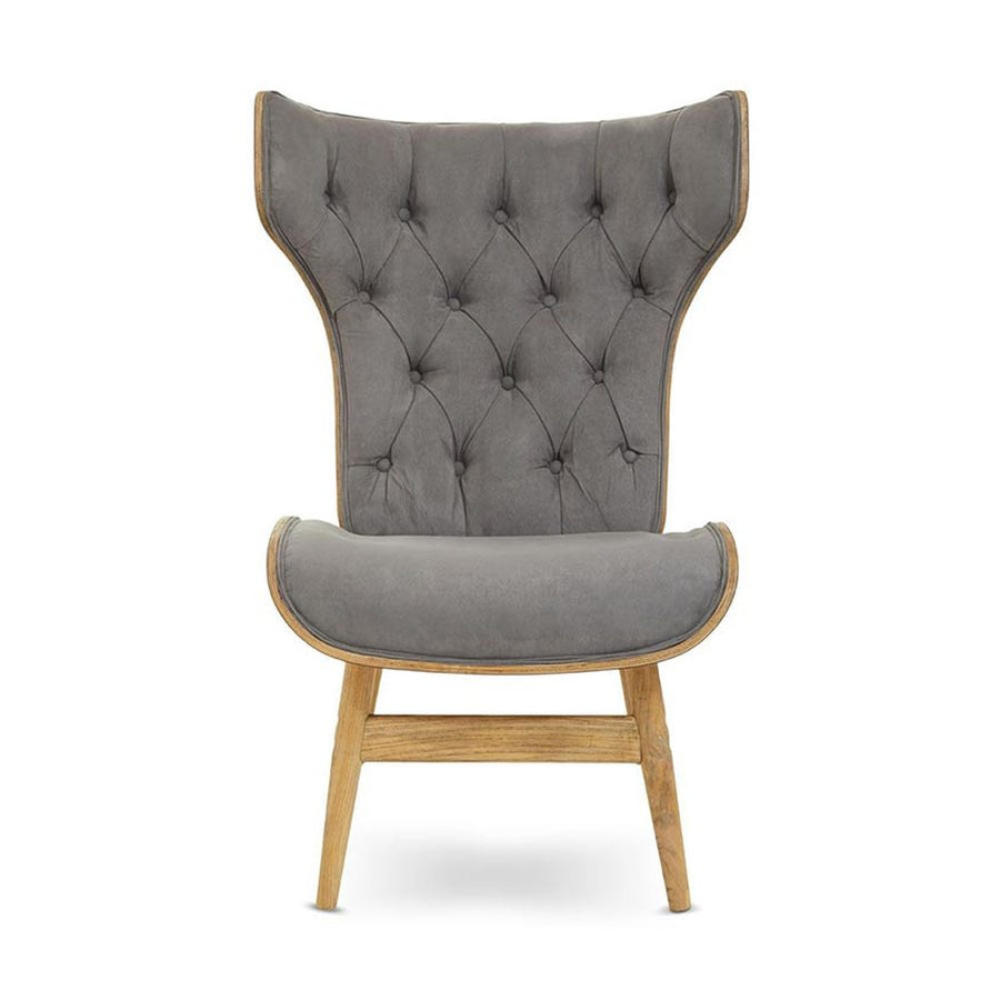 Prémium minőségű, kortárs stílusú, hajlított szilfából készült szürke színű bársonnyal kárpitozott szárnyas relaxációs szék