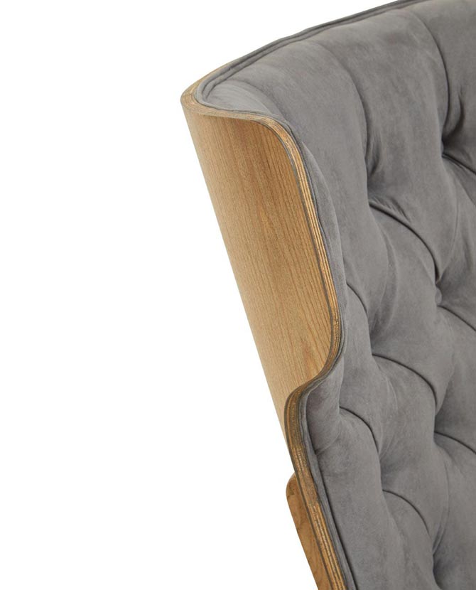 Prémium minőségű, kortárs stílusú, hajlított szilfából készült szürke színű bársonnyal kárpitozott szárnyas relaxációs szék