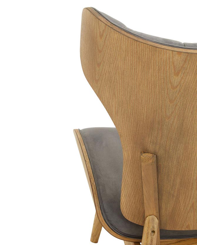 Prémium minőségű, kortárs stílusú, hajlított szilfából készült szürke színű bársonnyal kárpitozott szárnyas relaxációs szék