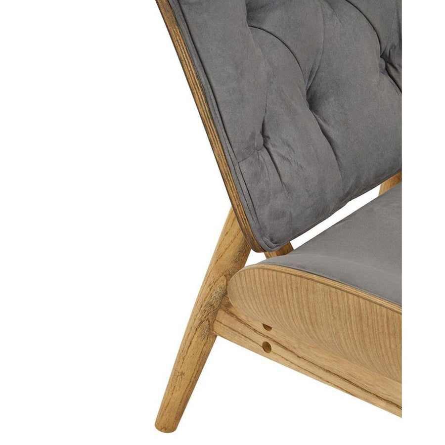 Prémium minőségű, kortárs stílusú, hajlított szilfából készült szürke színű bársonnyal kárpitozott szárnyas relaxációs szék