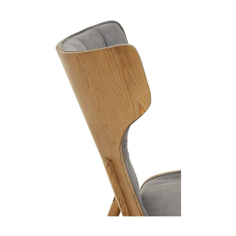 Prémium minőségű, kortárs stílusú, hajlított szilfából készült szürke színű bársonnyal kárpitozott szárnyas relaxációs szék