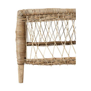 Prémium minőségű, formatervezett, kortárs törzsi stílusú, natúr színű, 100 cm hosszú, kézműves rattan dohányzóasztal