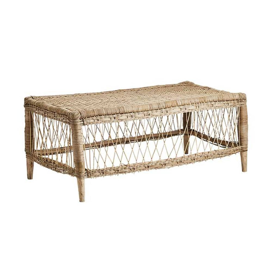 Prémium minőségű, formatervezett, kortárs törzsi stílusú, natúr színű, 100 cm hosszú, kézműves rattan dohányzóasztal