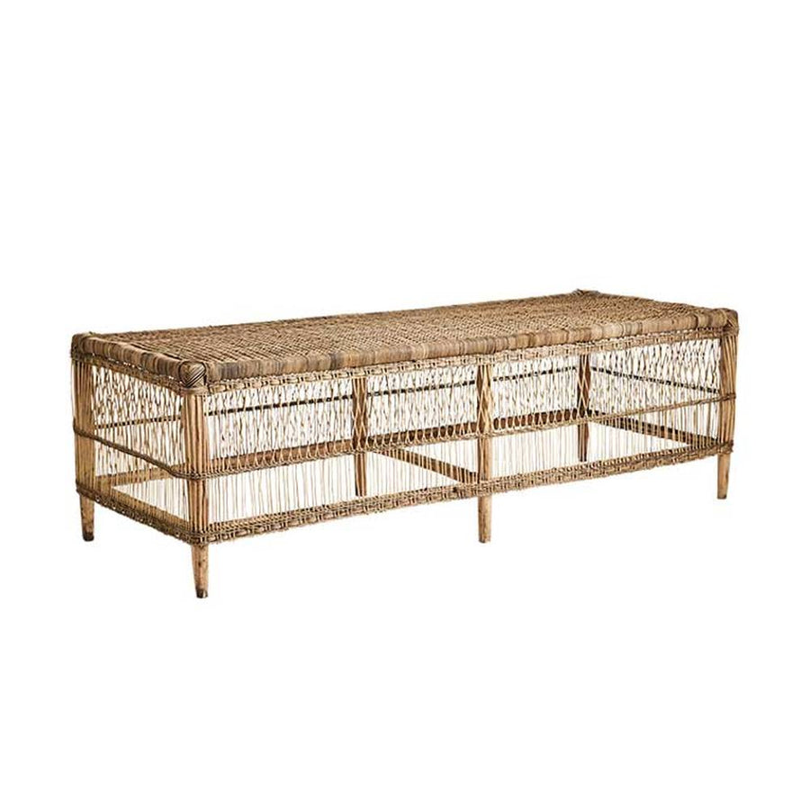 Prémium minőségű, formatervezett, kortárs törzsi stílusú, natúr színű, 160 cm hosszú, kézműves rattan dohányzóasztal