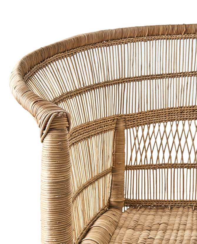 Prémium minőségű, formatervezett, kortárs törzsi stílusú, natúr színű kézműves rattan fotel